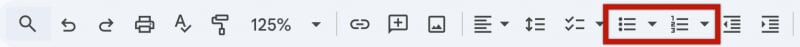 Google Docs toolbar showing the list tools