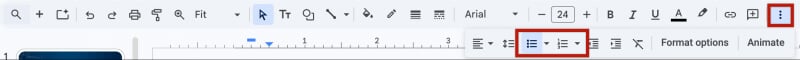 Google Slides toolbar showing more options icon and list tools revealed