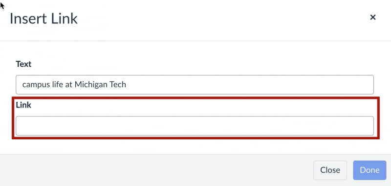 External Link dialog in Canvas rich content editor
