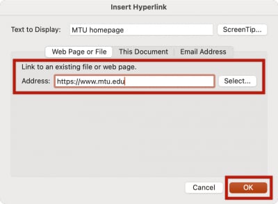 Insert hyperlink dialog in Powerpoint