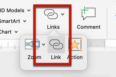 Link too from Insert menu on PowerPoint ribbon