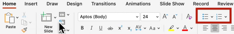 List tools show in PowerPoint toolbar in the Home ribbon