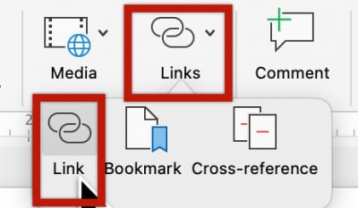 Links tool show in the Word Insert toolbar