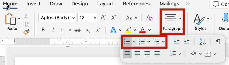 Word list tool shown when expanding the Paragraph tool in the Home ribbon.