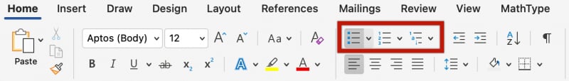 List tool in Word Home ribbon