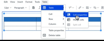 Cell properties option in table menu of Canvas rich content editor
