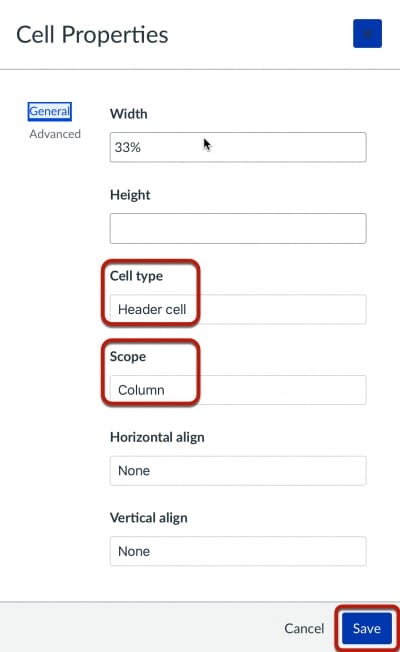 Cell properties box in Canvas rich content editor