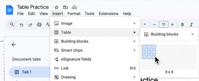 Insert table menu in Google Docs