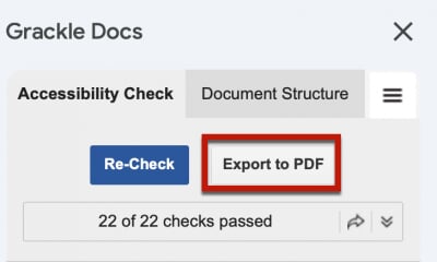 View of Grackle Docs export PDF button in accessiblity panel