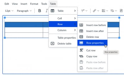 Row properties option show in table editor of Canvas rich content editor
