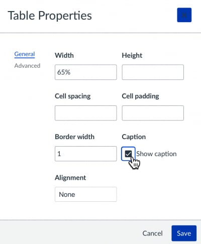 Table properties box in Canvas