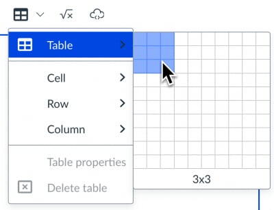 Table editing show grid size selection in Canvas rich content editor