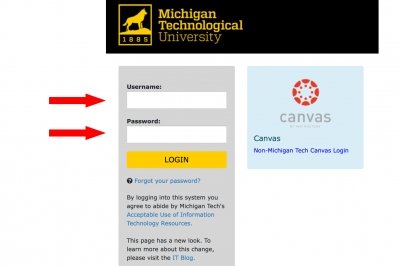 Screenshot of the Michigan Tech ISO login screen with arrows pointing to the Username and Password fields.