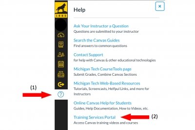 Screenshot of the Canvas screen with arrows pointing to the question mark icon and the Training Services Portal link.