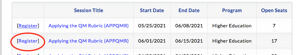 image of register link in table