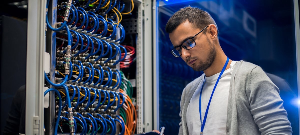Student working in server lab.