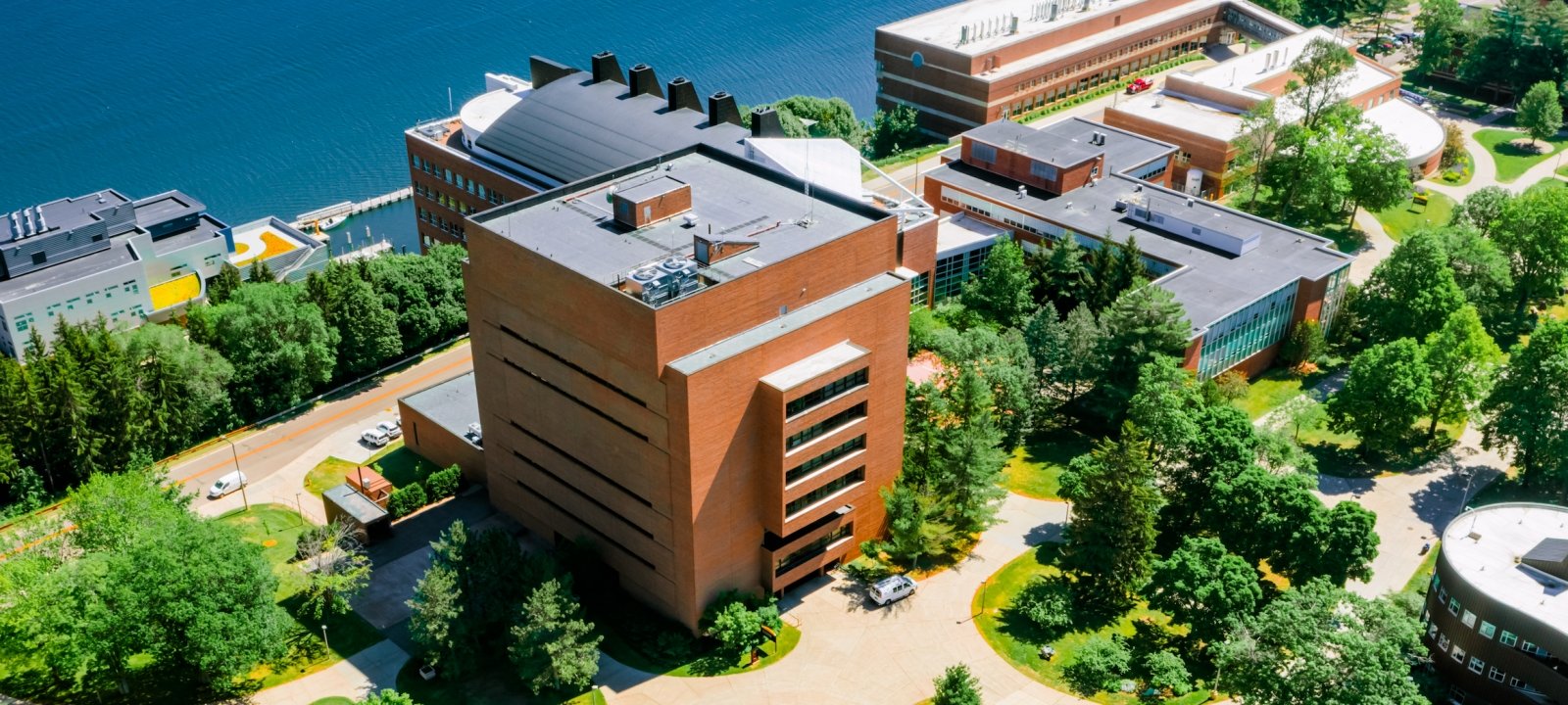 Electrical and computer engineering building in summer from an aerial view.