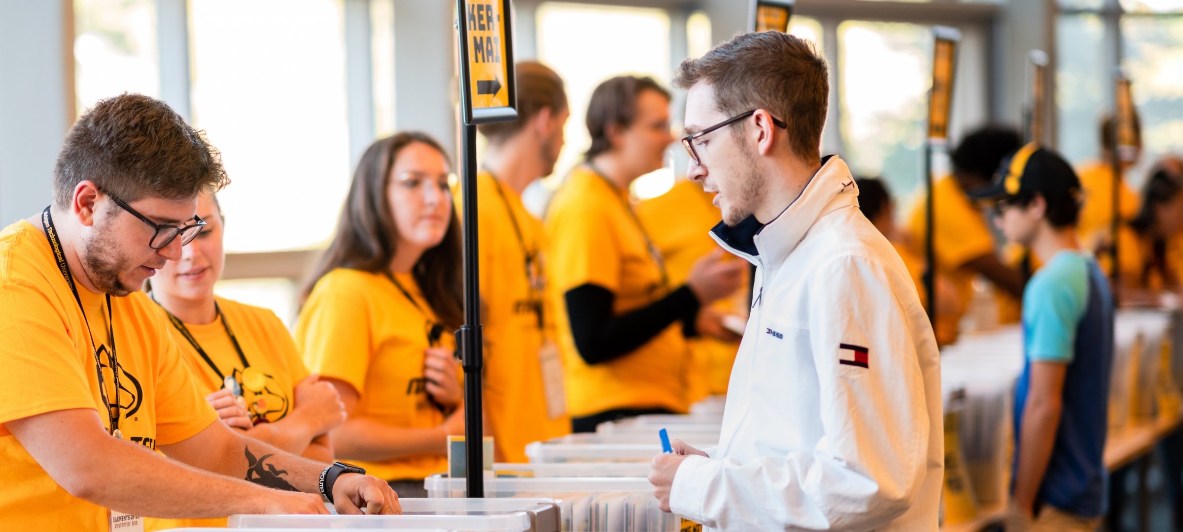 First-year students check in for orientation.