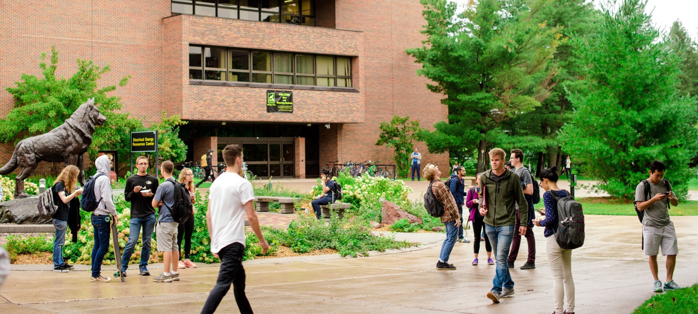 Students walking on the campus mall.