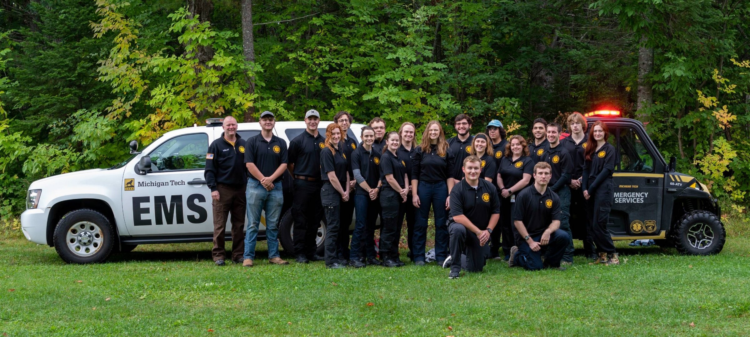 Collage: public safety vehicle, enterprise team, ATV.