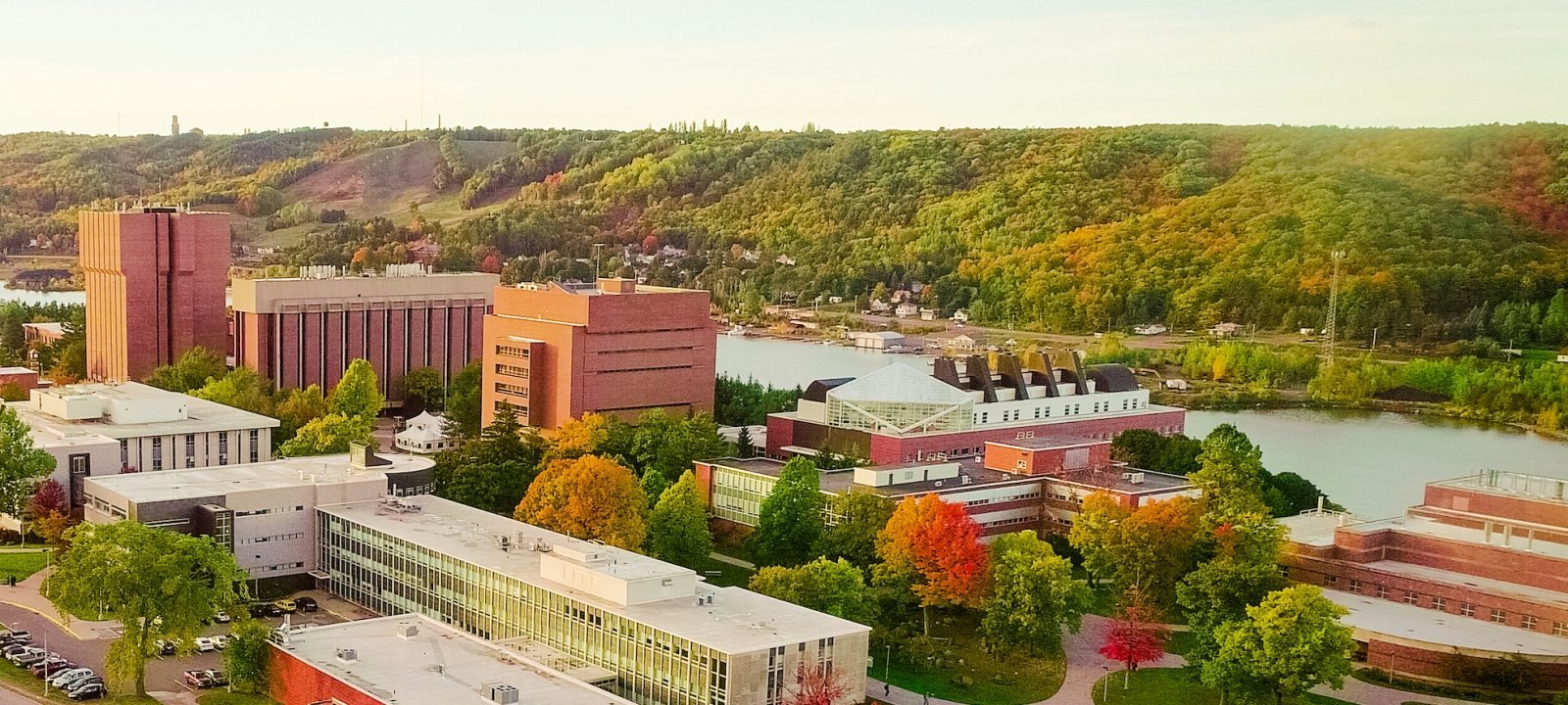 Aerial view of campus showing several engineering buildings and the canal.