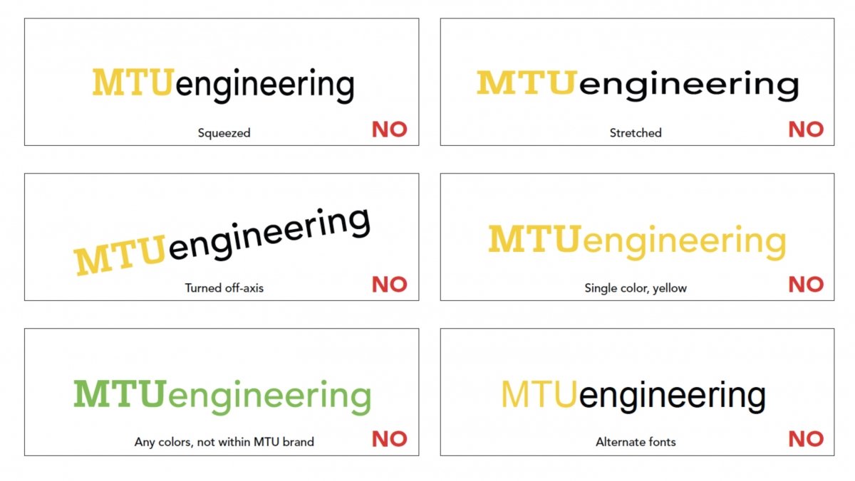 Array of six design variants representing disallowed MTUengineering logo representations.