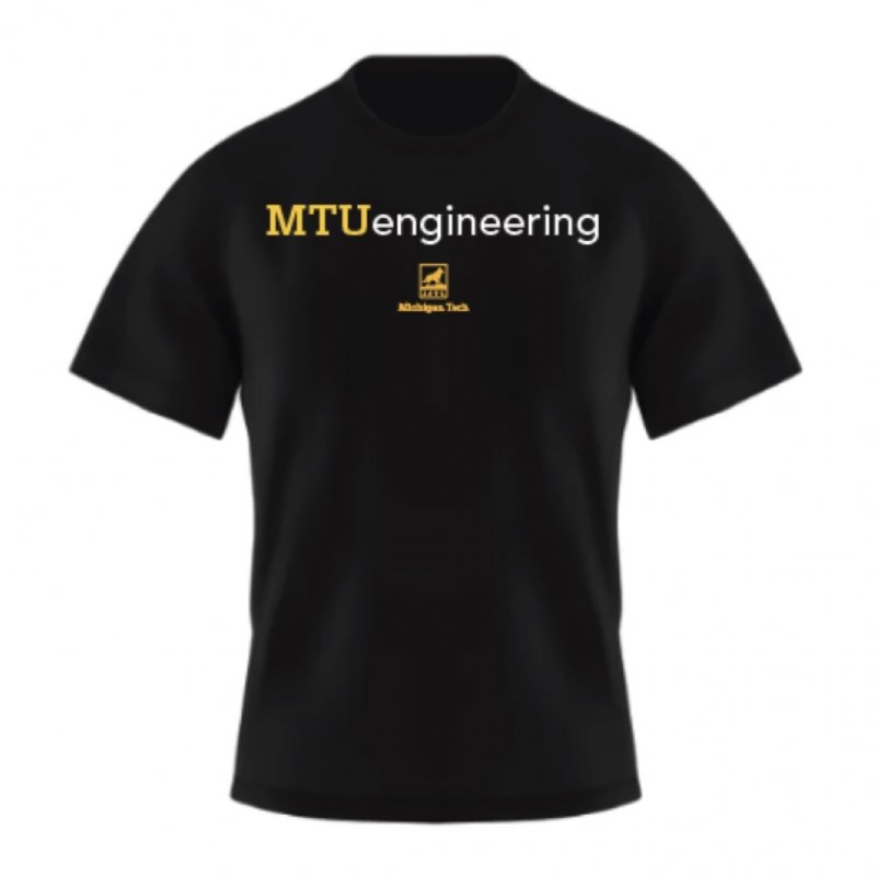 Black t-shirt with the MTUengineering sub-brand and Michigan Tech brand together.