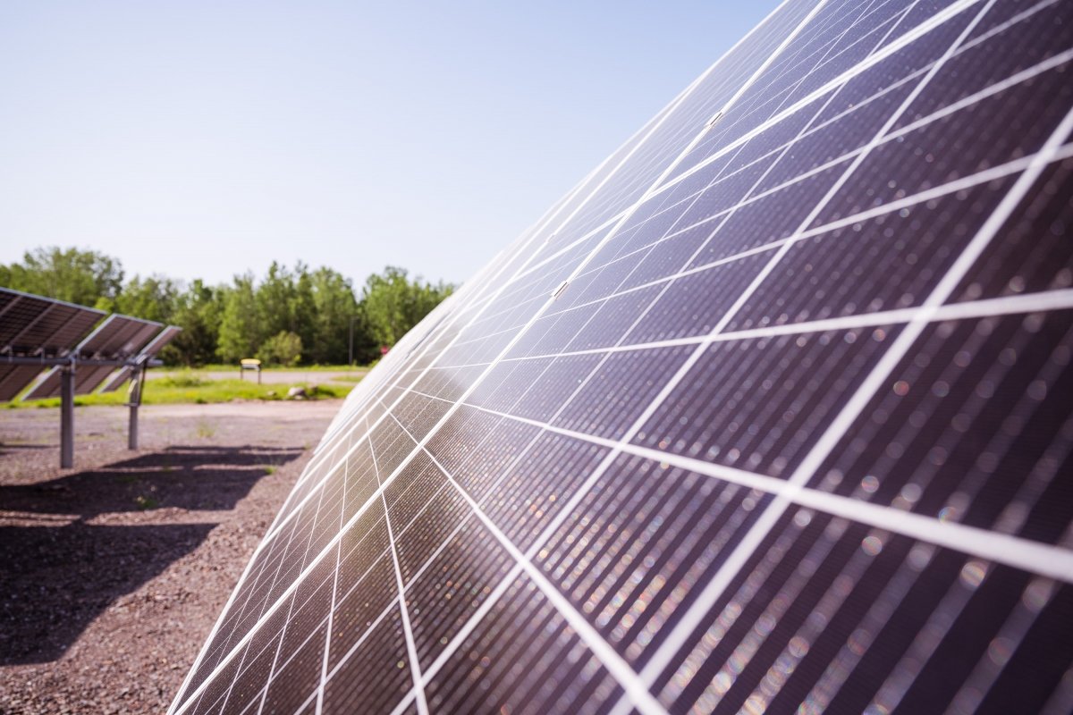 Close-up view of solar panels in the field.