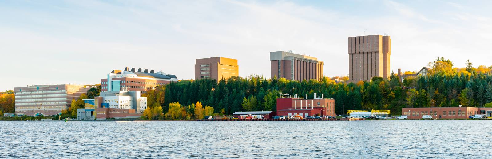 Michigan Tech from the Portage Canal with lift bridge in background