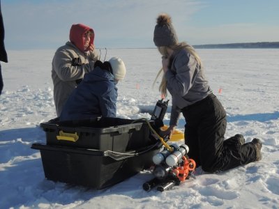 SOAR built ROV prepares for deployment below the ice on Keweenaw Bay.