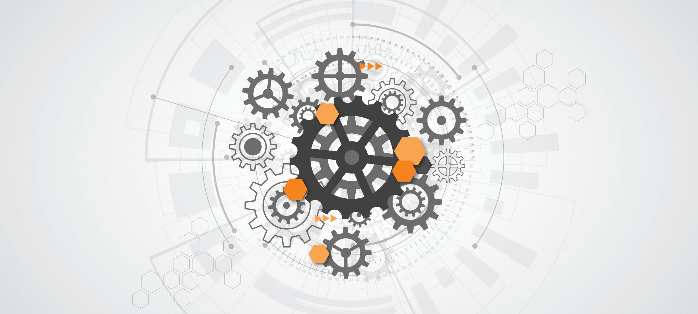 Design Expo — graphic icons of computers and gears in yellow and gray