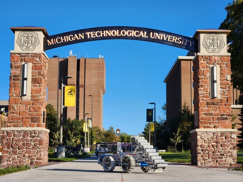 MINE Lunabotics rover "STELLAR" underneath the MTU western campus archway.