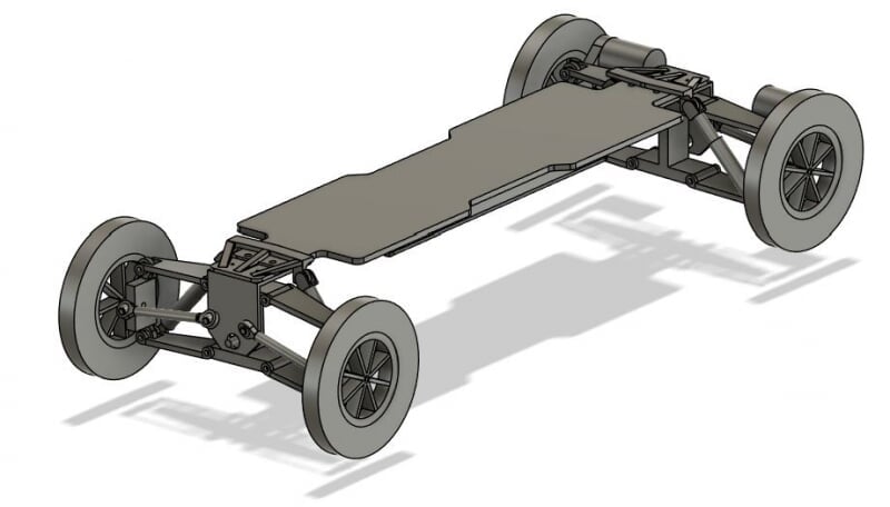 Computer Model of off-road electric skateboard created by Jame Potter and Jaden Bayer.