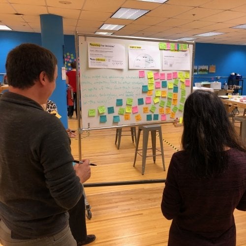 People looking at a whiteboard with sticky notes at the IDEAhub.