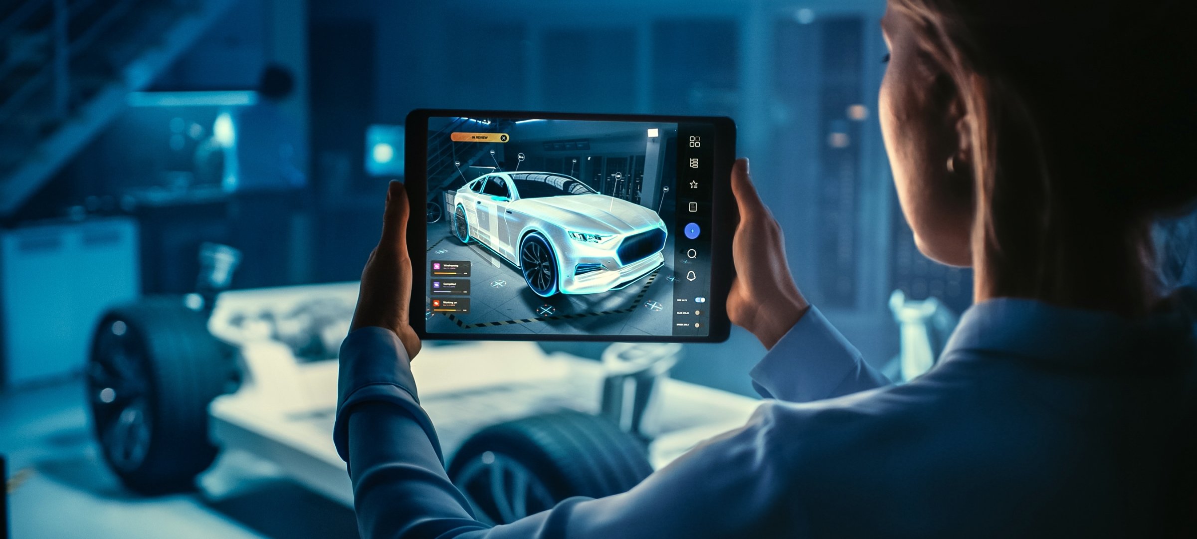 Electric car on tablet screen and in the background