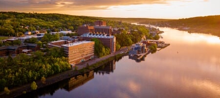 Aerial of campus at sunset.