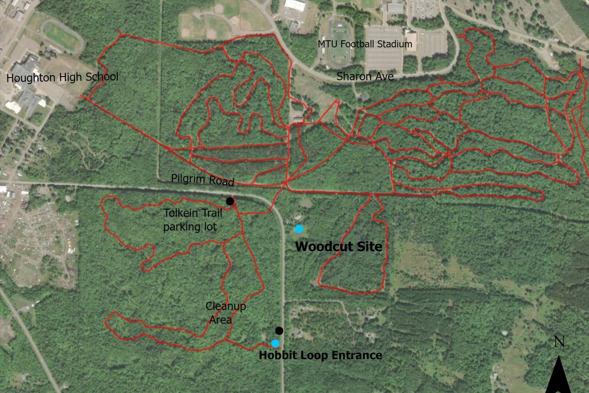 Map near campus of tech trails and locations for meeting and work on Stewards Day
