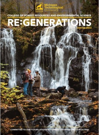 Cover of RE:GENERATIONS newsletter. Front cover has students standing in front of a waterfall with hardhats on