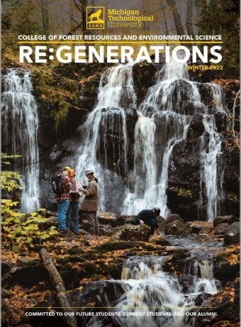 Cover of RE:GENERATIONS newsletter. Front cover has students standing in front of a waterfall with hardhats on