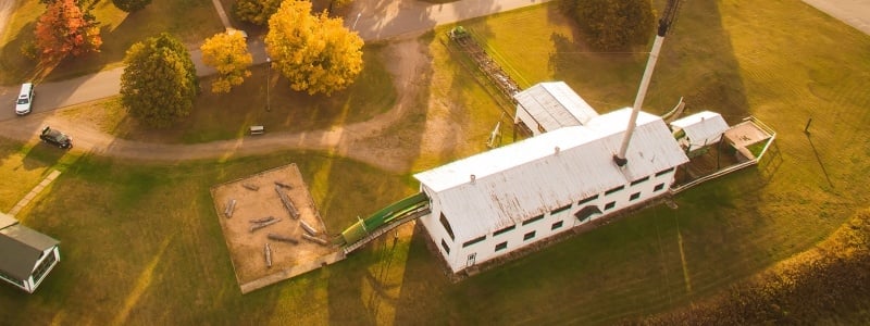 Aerial view of the Sawmill Museum building.