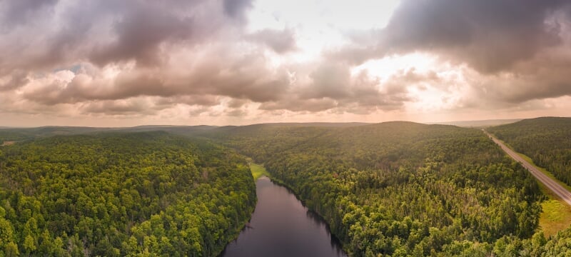 Aerial view of a large forest, a river through it, and a road to the right, with the sun setting.