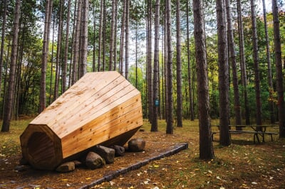 The nature megaphone in the woods with a picnic table next to it.