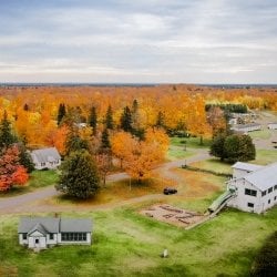 arial image of the ford center in the fall