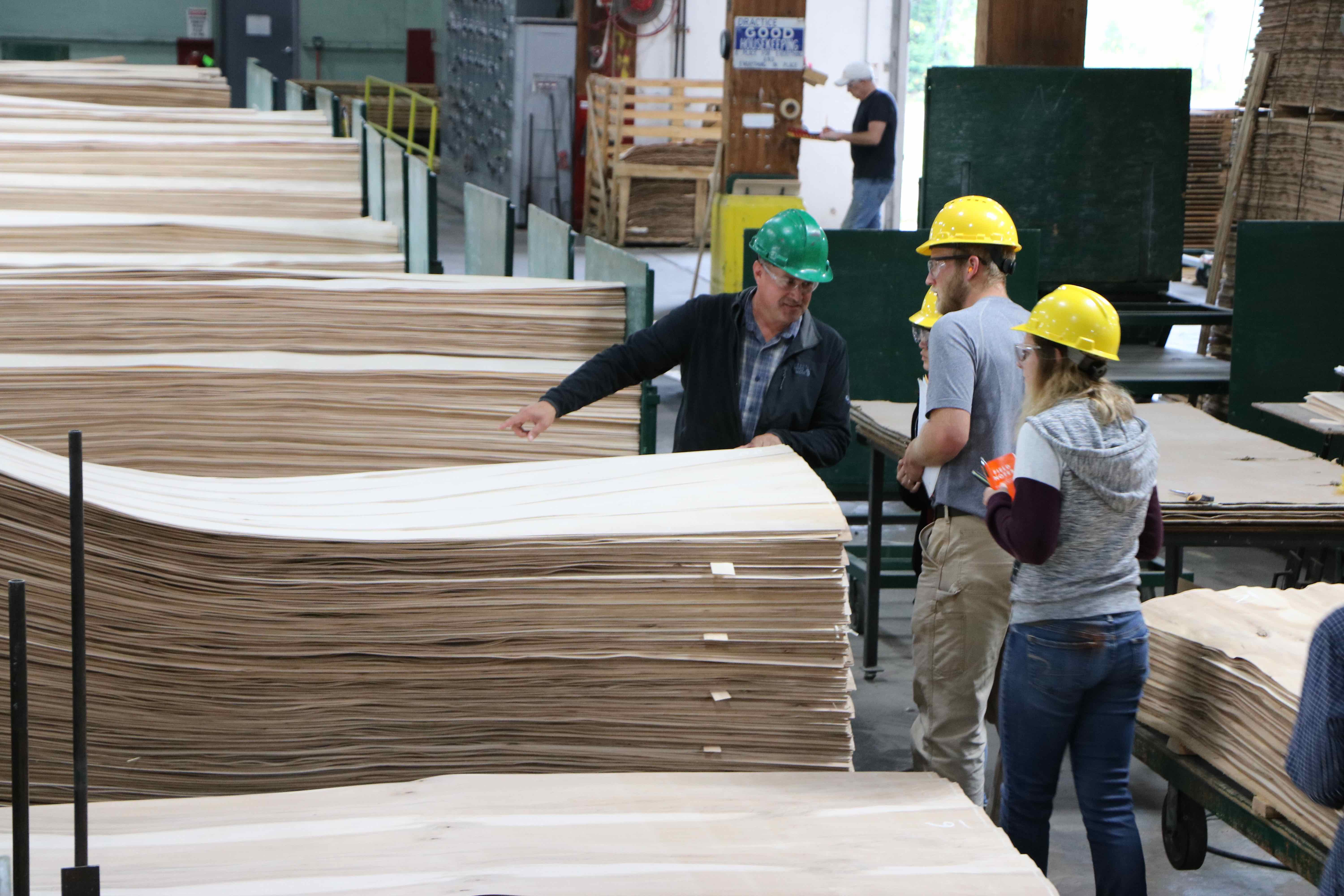 Students touring a plywood manufacturer plant