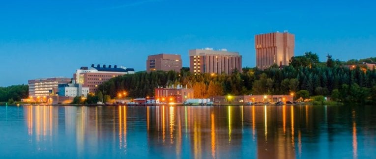 Michigan Tech campus from across the waterway.