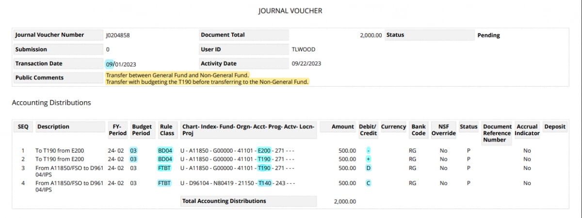 General fund to non general fund with budget entry