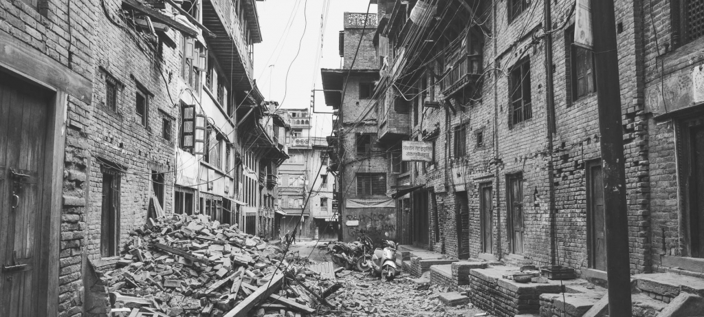 Street scene of earthquake damage.