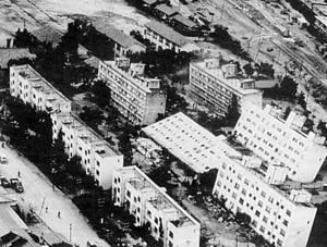 Rows of buildings with various tipping angles.