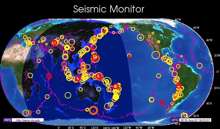 Global map with rings marking earthquakes color-coded by age.