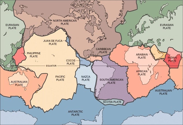 Map of continents with their plate boundaries.